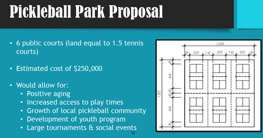 <p>SOURCE: TOWN OF BRIDGEWATER</p><p>A page from a presentation to town council proposing new pickleball courts in Lunenburg County.</p>