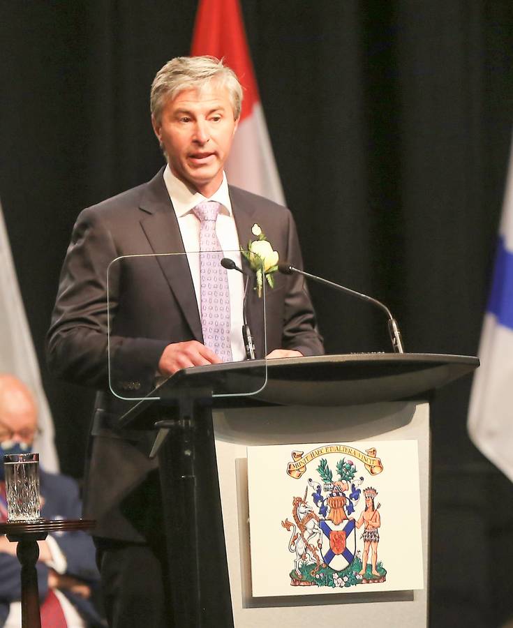 <p>CNS PHOTO</p><p>Premier Tim Houston, the province&#8217;s 30th premier, delivers a speech following the introduction of his cabinet ministers August 31.</p>