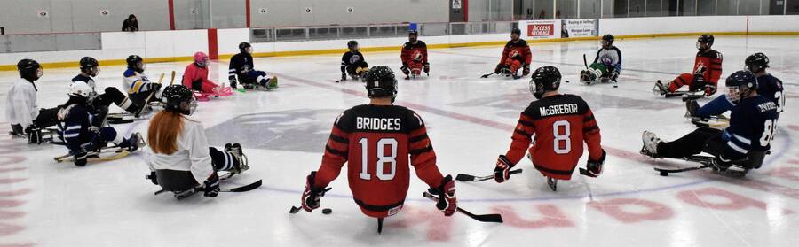 <p>KEVIN MCBAIN, PHOTO</p><p>A number of Team Canada hockey players stayed around to practise with the local South Shore Para Lumberjack players following their 7-0 win over Team South Korea Nov. 14.</p>