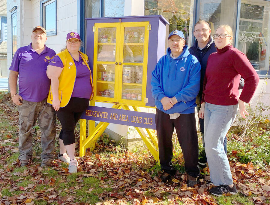 <p>CONTRIBUTED PHOTO</p><p>The Bridgewater and Area Lions Club have placed a food pantry outside of the Souls Harbour Rescue Mission located on Pleasant Street in Bridgewater for those that may need a hand-up. Shown here in the photo, from left to right, are Lions Darrin Hutchinson, Tammy Paulin and Peter Wagner with Soul&#8217;s Harbour Rescue Mission representatives John Christensen and Jennifer Parnell.</p>