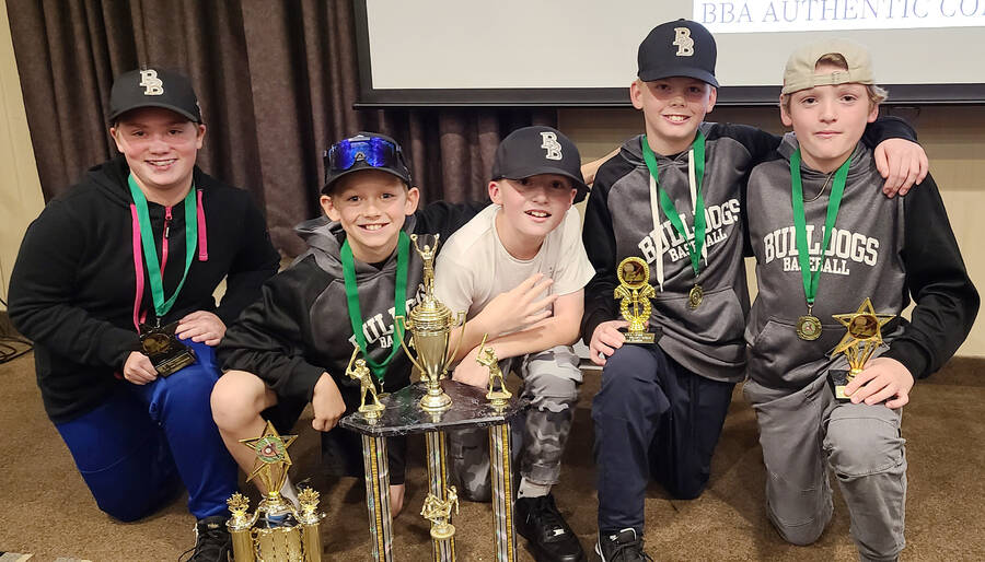 <p>CONTRIBUTED PHOTO</p><p>Award winners from the 11U AA Bulldogs team were, from left to right, Elizabeth Corkum, most sportsmanlike; Tucker Grandy, Tim Daniels winner; Nate Meisner, most improved, Henryk Tenwolde, gold glove and Kaleb Merry, MVP. Not in photo is Hanely Vaughn, the coaches&#8217; choice award winner.</p>