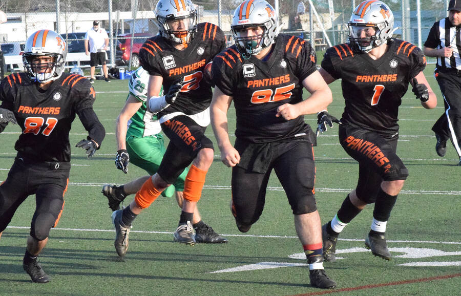 <p>Kevin McBain PHOTO</p><p>Park View Panthers&#8217; Hayden Murray carries the ball behind blockers Lucas Sutherland, Oscar Larkins and Chase Crouse.</p>