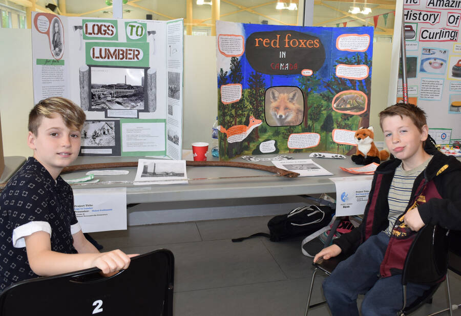 <p>Nolan Goldsmith (left) and Riley Bush of Newcombville Elementary School completed their projects on Logs to Lumber and Red Foxes.</p>
