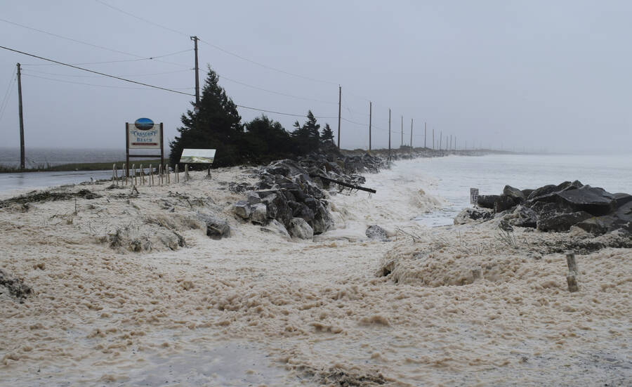 <p>Kevin McBain PHOTO</p><p>Seafoam, rocks and seaweed were scattered about on to coastal roads and parking lots. Here, in Crescent Beach, well, there was no beach and seafoam was whipped up over the rocks Sept. 16 as wind from post-tropical storm Lee cruised through the province. The highest recorded wind speed was at the Robert Stanfield airport, clocking in at 117 km/h. The Lunenburg area recorded about 109 km/h at its peak.</p>