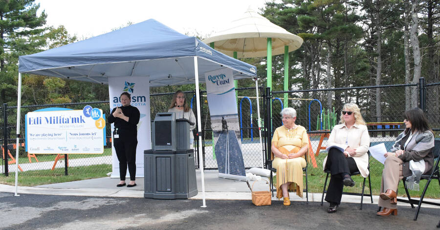 <p>Kevin McBain PHOTO</p><p>Region of Queens Mayor Darlene Mayor speaks to the crowd at the opening of the Etli Milita&#8217;mk (universally designed) Playpark in Liverpool Oct. 11.</p>
