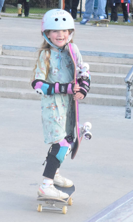 <p>Evie Hunter is the owner of a new skateboard given to her by Canada&#8217;s top skateboarder Annie Guglia for standing out from among the young and old skateboarders, cyclists and scooter riders at the Scotia Sk8 Park Tour in Liverpool Oct. 13.</p>